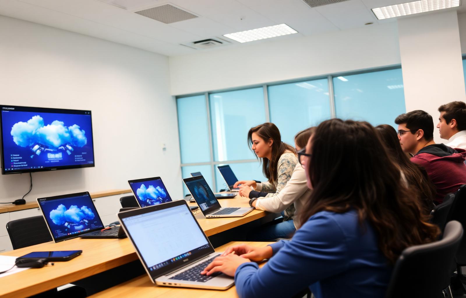 Mentor-led classroom with students learning cloud technologies